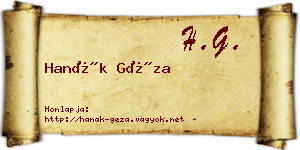 Hanák Géza névjegykártya